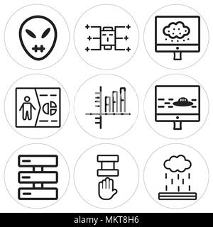 Set Of 9 simple editable icons such as Explosion, Available, Database, Blog, Bar chart, Healing, Laptop, Artificial intelligence, Alien, can be used f Stock Vector