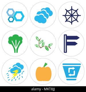 Set Of 9 simple editable icons such as Papelera, Giant Pumpkin, Storm Cloud, Divarication, Plant with Two Leaves, Big Tree, Cobweb, Three Clouds, Hone Stock Vector
