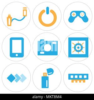 Set Of 9 simple editable icons such as Ram, Pendrive, Layers, Cooler, Photo camera, Mobile phone, Gamepad, Power button, Usb, can be used for mobile,  Stock Vector