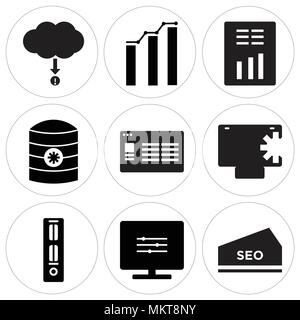 Set Of 9 simple editable icons such as seo, Settings, Folders, Safe, Page, Server data setting, Report, Analytic, Cloude info, can be used for mobile, Stock Vector