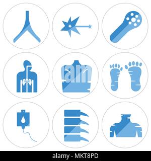 Set Of 9 simple editable icons such as Human Neck, Spine Bone, Blood Transfusion, Foot, Men Chest, Respiratory System, Muscle Fiber, Neuron, Artery, c Stock Vector