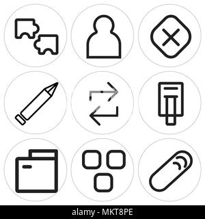 Set Of 9 simple editable icons such as Clip, Layout, Folder, Printer, Refresh, Edit, Cancel, Profile, Puzzle, can be used for mobile, web Stock Vector