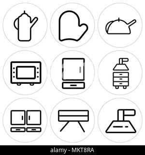 Set Of 9 simple editable icons such as Extractor hood, Table, Cabinet, Microwave oven, Kettle, Mitten, can be used for mobile, web Stock Vector