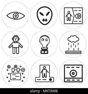 Set Of 9 simple editable icons such as Computer, Teleportation, Robot, Explosion, Gas mask, Droid, Healing, Alien, Submarine, can be used for mobile,  Stock Vector