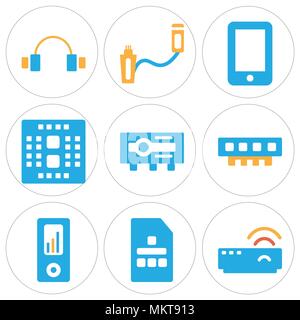 Set Of 9 simple editable icons such as Modem, Sim card, Ipod, Ram, Projector, Cpu, Mobile phone, Usb, Headphones, can be used for mobile, web Stock Vector