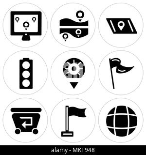 Set Of 9 simple editable icons such as Globe, Flag, Recycle bin, Placeholder, Traffic lights, Map, can be used for mobile, web Stock Vector