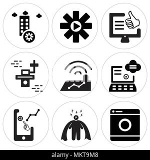 Set Of 9 simple editable icons such as Washing machine, Vigilante, Demand, Environmental, Roof, Drone, Social media, Automation, Disaster, can be used Stock Vector