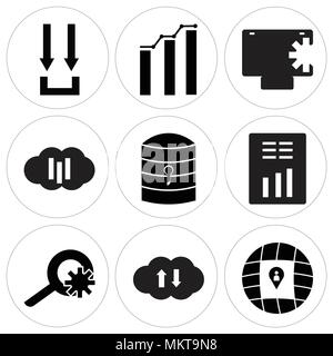 Set Of 9 simple editable icons such as Location, Download cloud, Settings, Report, Server key, Cloude and sun, Safe, Analytic, Download, can be used f Stock Vector