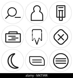 Set Of 9 simple editable icons such as Menu, File, Moon, Cancel, Bookmark, Padnote, Printer, Profile, Zoom out, can be used for mobile, web Stock Vector
