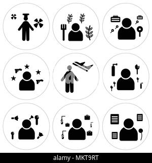 Set Of 9 simple editable icons such as Politician, Fisherman, Showman, Maid, Pilot, Policeman, Detective, Farmer, Driver, can be used for mobile, web Stock Vector