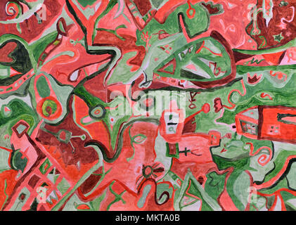 Abstract evening's sun is casting red light over green landscape. Acrylic painting. Stock Photo