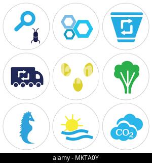 Set Of 9 simple editable icons such as CO2 Cloud, Sea and Sun, Horse, Big Tree, Two Eggs, Recycling Truck, Papelera, Honeycomb, Loupe Bug, can be used Stock Vector