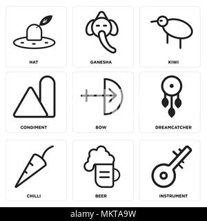 Set Of 9 simple editable icons such as Instrument, Beer, Chilli, Dreamcatcher, Bow, Condiment, Kiwi, Ganesha, Hat, can be used for mobile, web Stock Vector
