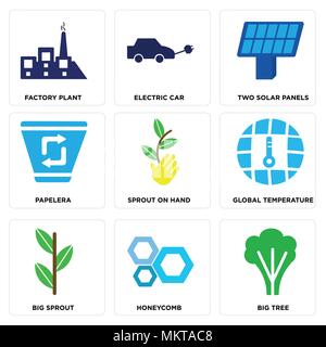Set Of 9 simple editable icons such as Big Tree, Honeycomb, Sprout, Global Temperature, Sprout On Hand, Papelera, Two Solar Panels, Electric Car, Fact Stock Vector