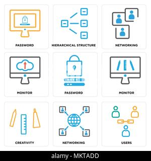 Set Of 9 simple editable icons such as Users, Networking, Creativity, Monitor, Password, Hierarchical structure, can be used for mobile, web Stock Vector