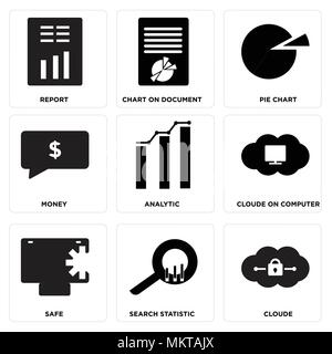 Set Of 9 simple editable icons such as Cloude, Search statistic, Safe, Cloude on computer, Analytic, Money, Pie chart, Chart document, Report, can be  Stock Vector