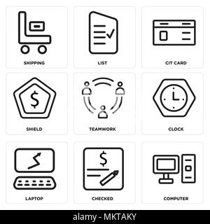 Set Of 9 simple editable icons such as Computer, Checked, Laptop, Clock, Teamwork, Shield, Cit card, List, Shipping, can be used for mobile, web Stock Vector