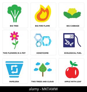 Set Of 9 simple editable icons such as Apple with Leaf, Two Trees and Cloud, Papelera, Ecological Fuel, Honeycomb, Flowers In a Pot, Big Cabbage, Fire Stock Vector