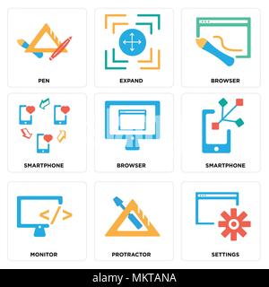 Set Of 9 simple editable icons such as Settings, Protractor, Monitor, Smartphone, Browser, Expand, Pen, can be used for mobile, web Stock Vector