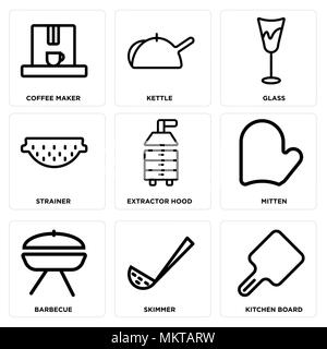 Set Of 9 simple editable icons such as Kitchen board, Skimmer, Barbecue, Mitten, Extractor hood, Strainer, Glass, Kettle, Coffee maker, can be used fo Stock Vector