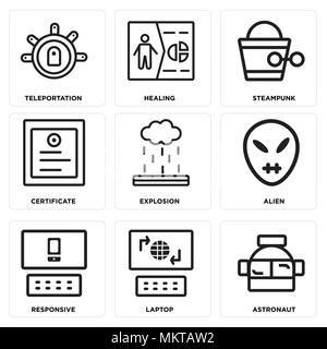 Set Of 9 simple editable icons such as Astronaut, Laptop, Responsive, Alien, Explosion, Certificate, Steampunk, Healing, Teleportation, can be used fo Stock Vector