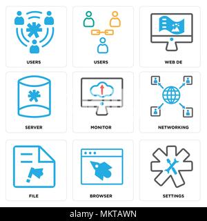 Set Of 9 simple editable icons such as Settings, Browser, File, Networking, Monitor, Server, Web de, Users, can be used for mobile, web Stock Vector