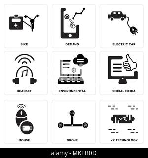 Set Of 9 simple editable icons such as VR technology, Drone, Mouse, Social media, Environmental, Headset, Electric car, Demand, Bike, can be used for  Stock Vector