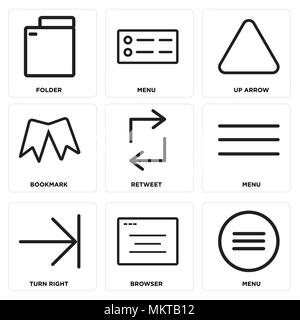 Set Of 9 simple editable icons such as Menu, Browser, Turn right, Retweet, Bookmark, Up arrow, Folder, can be used for mobile, web Stock Vector