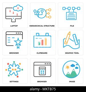 Set Of 9 simple editable icons such as Image, Browser, Settings, Graphic tool, Clipboard, File, Hierarchical structure, Laptop, can be used for mobile Stock Vector