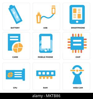 Set Of 9 simple editable icons such as Web cam, Ram, Cpu, Chip, Mobile phone, Card, Smartphone, Usb, Battery, can be used for mobile, web Stock Vector