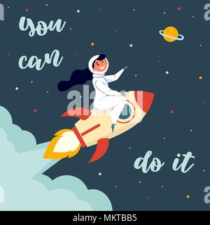 Woman astronaut riding a rocket. You can do it Stock Vector