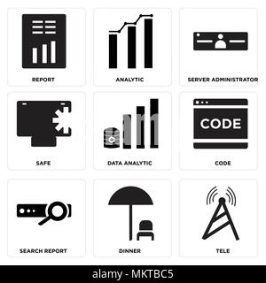 Set Of 9 simple editable icons such as Tele, Dinner, Search report, Code, Data analytic, Safe, Server administrator, Analytic, Report, can be used for Stock Vector
