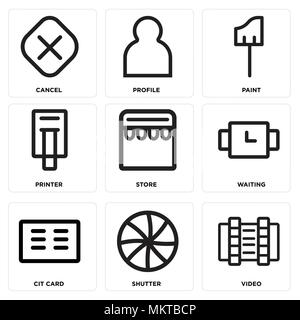 Set Of 9 simple editable icons such as Video, Shutter, Cit card, Waiting, Store, Printer, Paint, Profile, Cancel, can be used for mobile, web Stock Vector