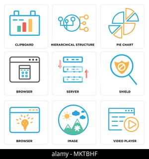 Set Of 9 simple editable icons such as Video player, Image, Browser, Shield, Server, Pie chart, Hierarchical structure, Clipboard, can be used for mob Stock Vector