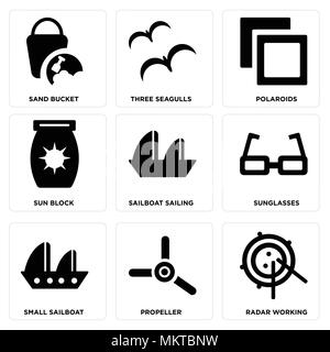 Set Of 9 simple editable icons such as Radar Working, Propeller, Small Sailboat, Sunglasses, Sailboat Sailing, Sun Block, Polaroids, Three Seagulls, S Stock Vector
