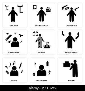 Set Of 9 simple editable icons such as mover, Firefighter, Nurse, Receptionist, Sailor, Carpenter, carpenter, Businessman, Doctor, can be used for mob Stock Vector