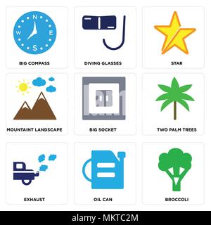 Set Of 9 simple editable icons such as Broccoli, Oil Can, Exhaust, Two Palm Trees, Big Socket, Mountaint Landscape, Star, Diving Glasses, Compass, can Stock Vector