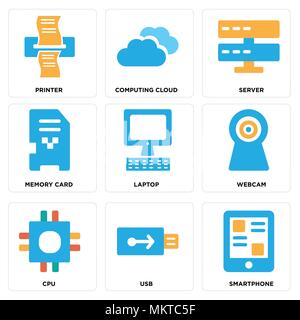 Set Of 9 simple editable icons such as Smartphone, Usb, Cpu, Webcam, Laptop, Memory card, Server, Computing cloud, Printer, can be used for mobile, we Stock Vector