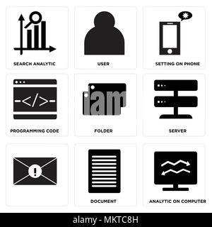 Set Of 9 simple editable icons such as Analytic on computer, Document, Server, Folder, Programming code, Setting phone, User, Search analytic, can be  Stock Vector