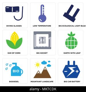 Set Of 9 simple editable icons such as Big Car Battery, Mountaint Landscape, Biodiesel, Earth with Leaf, Socket, Ear of Corn, Ecological Light Bulb, L Stock Vector