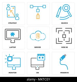 Set Of 9 simple editable icons such as Pendrive, On, Monitor, Web de, Server, Laptop, Search, Strategy, can be used for mobile, web Stock Vector