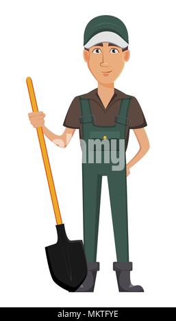 Gardener man, cartoon character in uniform. Handsome farmer holding a shovel. Vector illustration on white background. Stock Vector