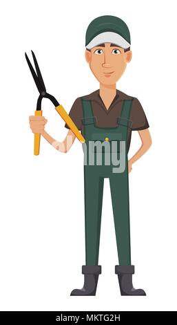Gardener man, cartoon character in uniform. Handsome farmer holding secateurs. Vector illustration on white background. Stock Vector