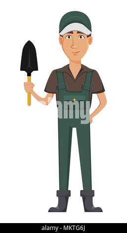 Gardener man, cartoon character in uniform. Handsome farmer holding little shovel. Vector illustration on white background. Stock Vector