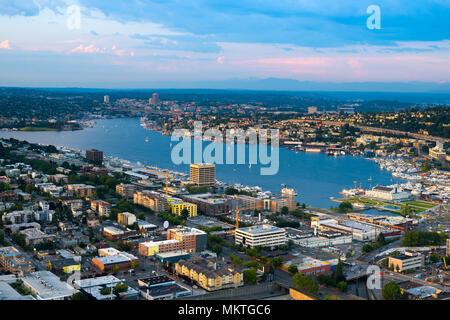 An aerial view of Lake Washington shoreline with downtown Seattle in ...