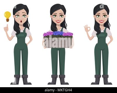 Gardener woman, cartoon character in uniform, set of three poses. Beautiful farmer girl having a good idea, holding large pot of flowers and showing o Stock Vector