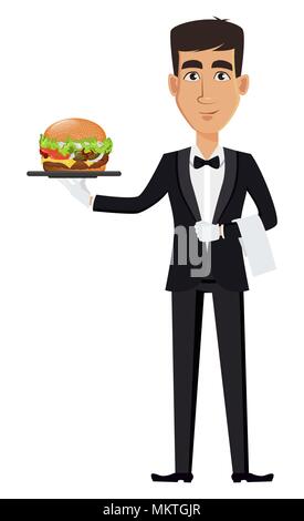 Handsome waiter wearing a professional uniform. Cheerful cartoon character holding tasty hamburger. Restaurant staff. Vector illustration. Stock Vector