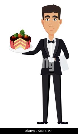 Handsome waiter wearing a professional uniform. Cheerful cartoon character holding tasty cake. Restaurant staff. Vector illustration. Stock Vector