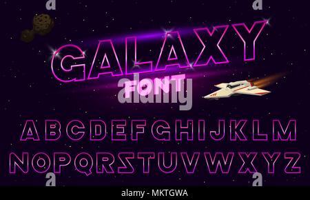 80 s purple neon retro font. Futuristic chrome letters. Bright Alphabet on dark background. Light Symbols Sign for night show in club. concept of galaxy space. Set of types. Outlined version. Stock Vector