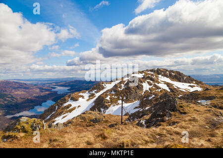 Looking to the summit of Ben Venue, withLoch Achray and Loch Venachar in the distance,Trossachs Scotland Stock Photo